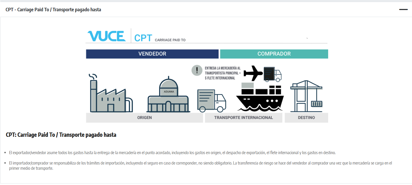 Esquema VUCE del Incoterm CPT: el vendedor paga el transporte hasta el lugar acordado, pero el riesgo se transfiere antes.
