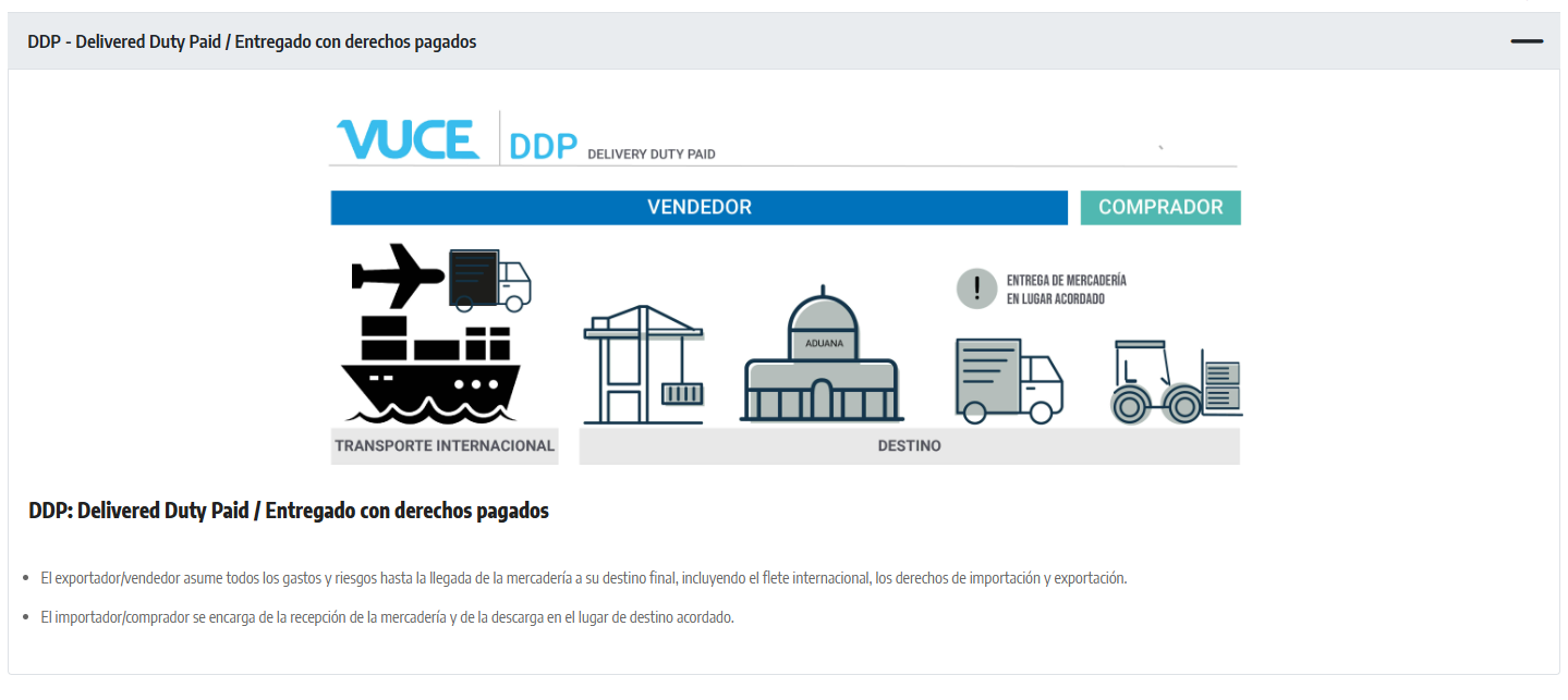 Esquema VUCE del Incoterm DDP: el vendedor asume los gastos y riesgos hasta la llegada al destino final.