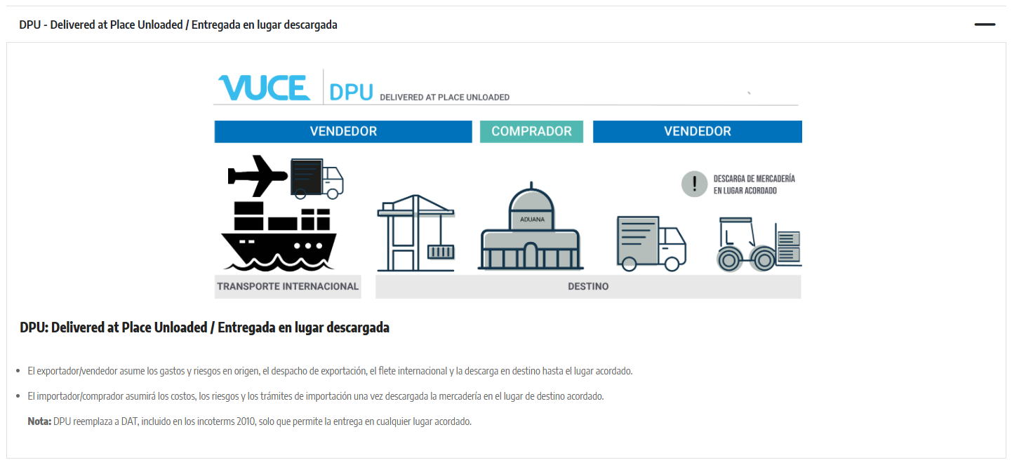 Esquema VUCE del Incoterm DPU: el vendedor entrega la mercadería descargada en el lugar acordado.