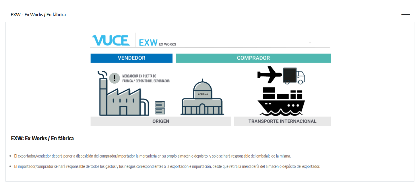 Esquema VUCE del Incoterm EXW: mercadería en la fábrica del vendedor y transporte internacional a cargo del comprador.