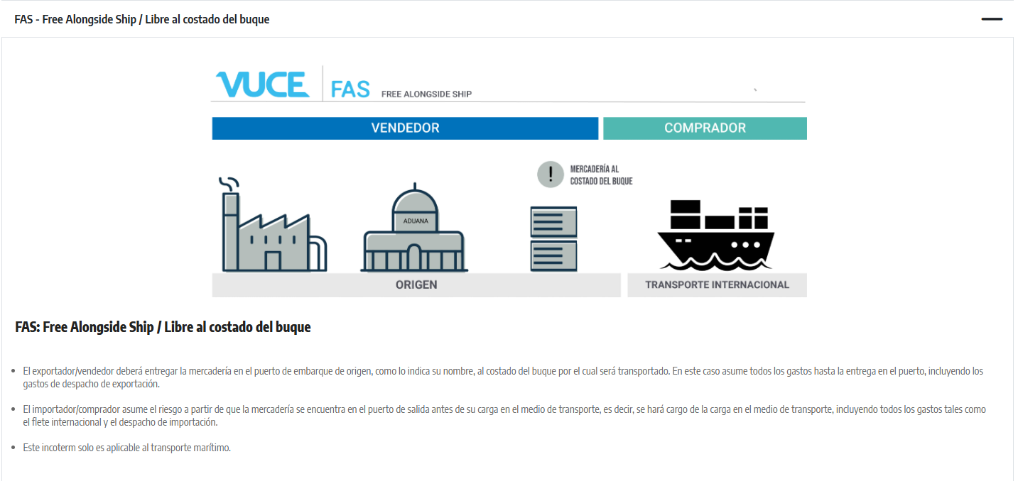 Esquema VUCE del Incoterm FAS: la mercadería se entrega al costado del buque en el puerto de origen.