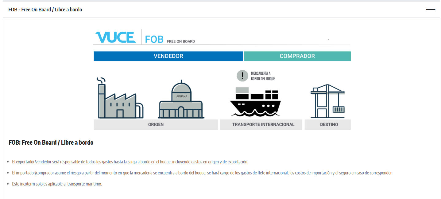 Esquema VUCE del Incoterm FOB: la mercadería se entrega a bordo del buque en el puerto de origen.